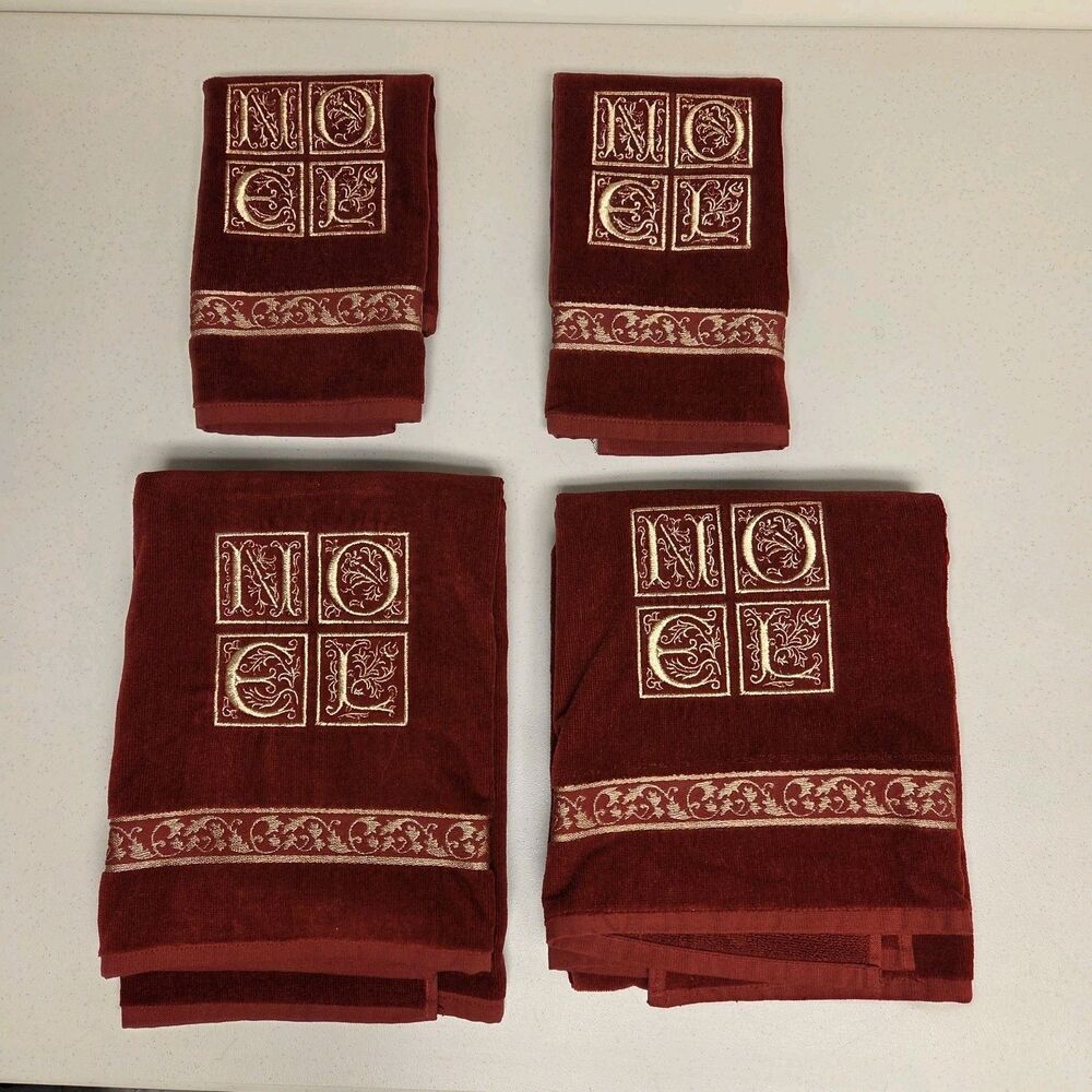 Set Of 4 Ritz Hand & Bath Towels Noel Burgundy Christmas Holiday 100% Cotton